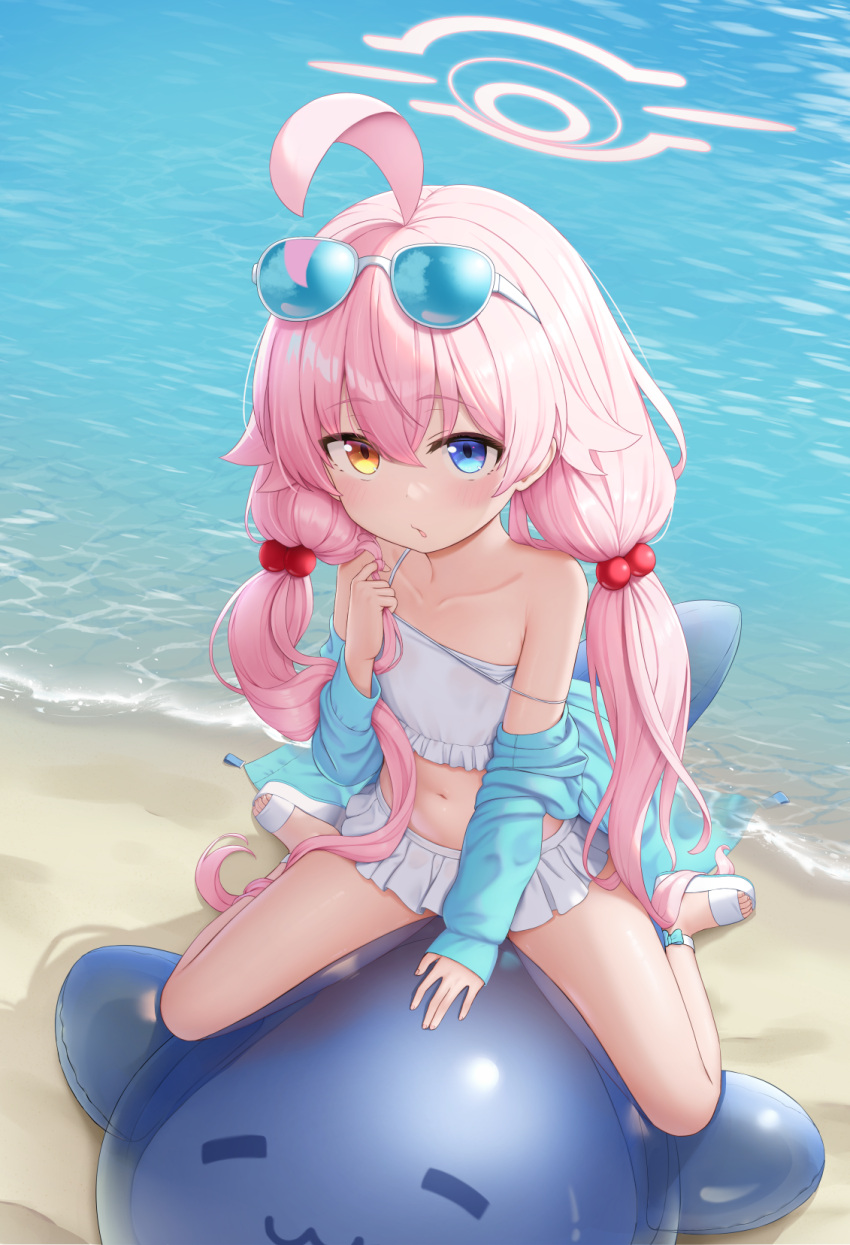 ahoge beach bikini blue-tinted_eyewear blue_archive blue_eyes blue_jacket breasts cementite collarbone commentary_request eyewear_on_head female frilled_bikini frills full_body hair_between_eyes hair_bobbles hair_ornament halo heterochromia highres hoshino_(blue_archive) hoshino_(swimsuit)_(blue_archive) inflatable_toy inflatable_whale jacket long_hair long_sleeves looking_at_viewer low_twintails navel ocean official_alternate_costume parted_lips pink_hair pink_halo playing_with_own_hair sand sandals sitting sleeves_past_wrists small_breasts solo strap_slip sunglasses swimsuit tinted_eyewear toes twintails very_long_hair white-framed_eyewear white_bikini yellow_eyes