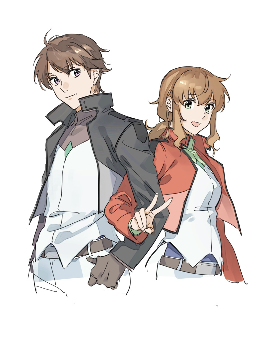 1boy alternate_universe belt black_jacket breasts brown_belt brown_hair christina_sierra female green_eyes grey_eyes gundam gundam_00 hair_behind_ear highres jacket lichtendahl_tsery locked_arms low_ponytail medium_breasts nanao_parakeet open_mouth orange_jacket pants smile straight v white_pants