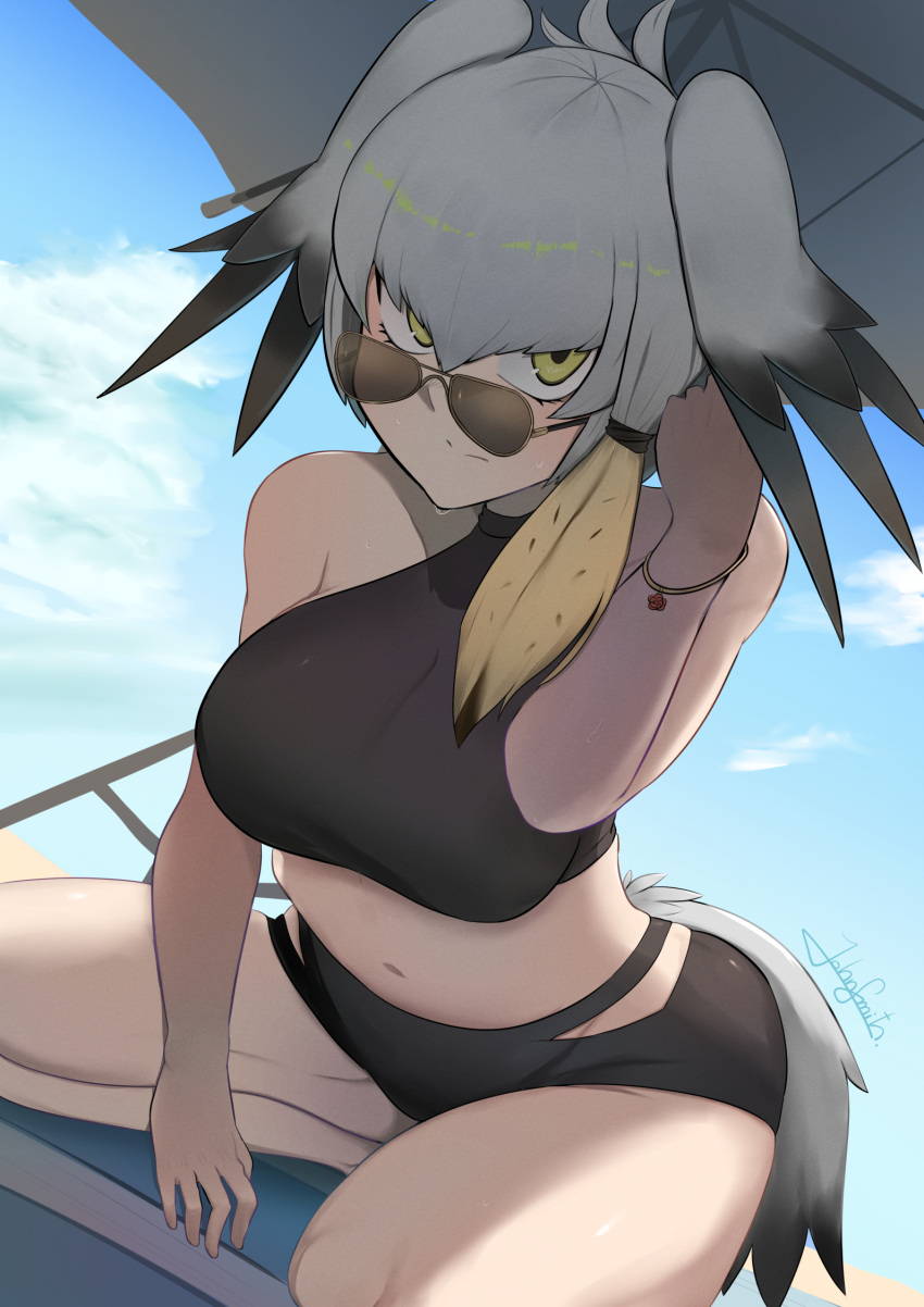 beach_umbrella bikini black_bikini blush breasts closed_mouth female grey_hair hair_between_eyes head_wings highres john_(a2556349) kemono_friends kemono_friends_3 kneeling large_breasts looking_at_viewer multicolored_hair o-ring o-ring_bikini shoebill_(kemono_friends) sidelocks solo sunglasses swimsuit tail umbrella wings yellow_eyes