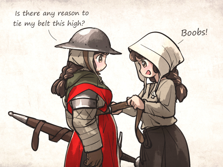 2girls armor belt braid brown_eyes brown_hair gambeson gloves habit helmet highres holding holding_weapon ironlily kettle_helm long_hair medieval multiple_girls ordo_mediare_sisters_(ironlily) scabbard sheath standing sword twin_braids_sister_(ironlily) weapon