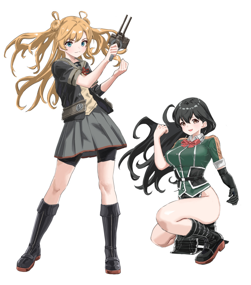 abukuma_(kancolle) abukuma_kai_ni_(kancolle) bike_shorts bike_shorts_under_skirt black_footwear black_gloves black_hair blonde_hair blue_eyes boots breasts brown_eyes chikuma_(kancolle) chikuma_kai_ni_(kancolle) closed_mouth double_bun gloves hair_bun hair_ribbon highres holding holding_weapon kantai_collection large_breasts long_hair multiple_girls open_mouth pelvic_curtain pleated_skirt ribbon school_uniform simple_background single_glove skirt squatting standing two_side_up weapon white_background yamano_rita