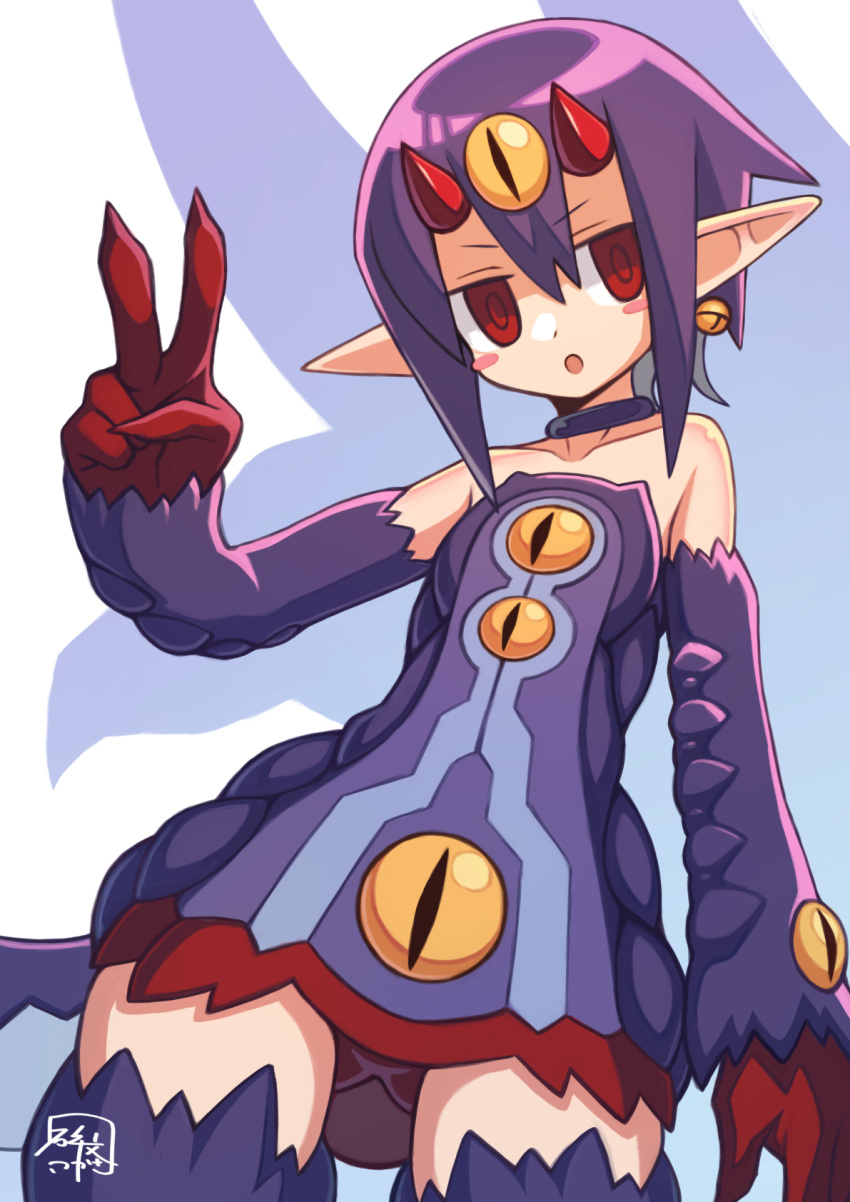 bare_shoulders blush_stickers collarbone desco_(disgaea) disgaea dress earrings female hibun_tsukasa highres horns jewelry looking_at_viewer makai_senki_disgaea_4 open_mouth pointy_ears purple_dress purple_hair purple_thighhighs red_eyes red_horns sharp_teeth signature solo teeth thighhighs v