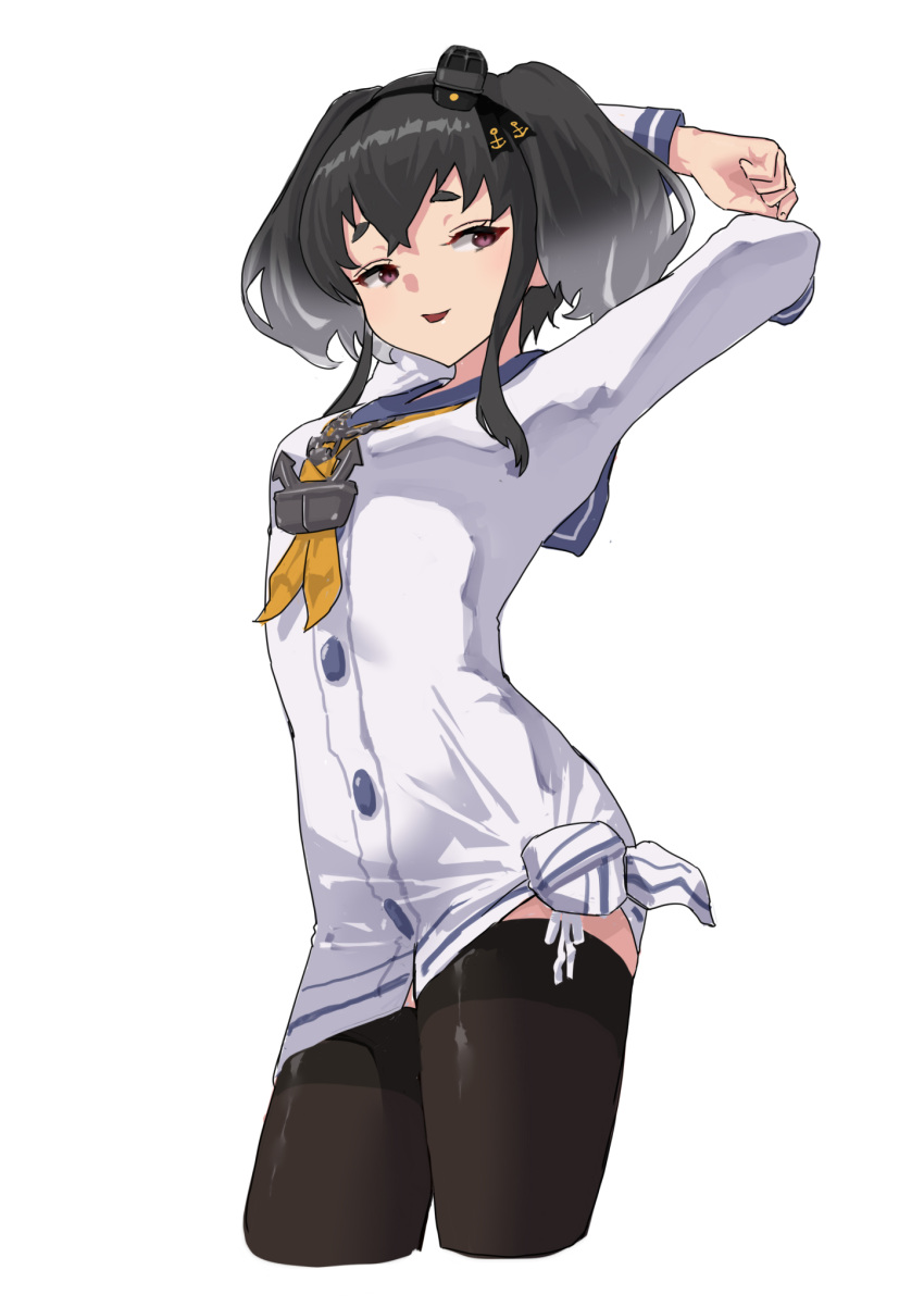 anchor_symbol arms_up black_hair black_thighhighs blue_sailor_collar breasts dress female gradient_hair grey_hair hat highres kantai_collection mini_hat multicolored_hair neckerchief orange_neckerchief parted_lips purple_eyes sailor_collar sailor_dress short_dress short_hair_with_long_locks side-tie_shirt simple_background small_breasts solo thighhighs tokitsukaze_(kancolle) white_background white_dress yamano_rita