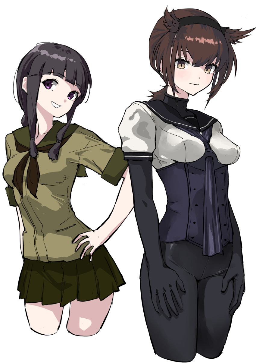 2girls absurdres black_bodysuit black_hair black_sailor_collar blunt_bangs bodysuit breasts brown_eyes brown_hair closed_mouth cropped_legs green_sailor_collar hair_flaps hatsuzuki_(kancolle) headband highres kantai_collection kitakami_(kancolle) looking_at_viewer medium_breasts multiple_girls neckerchief pleated_skirt purple_eyes sailor_collar school_uniform serafuku sidelocks simple_background skirt white_background yamano_rita