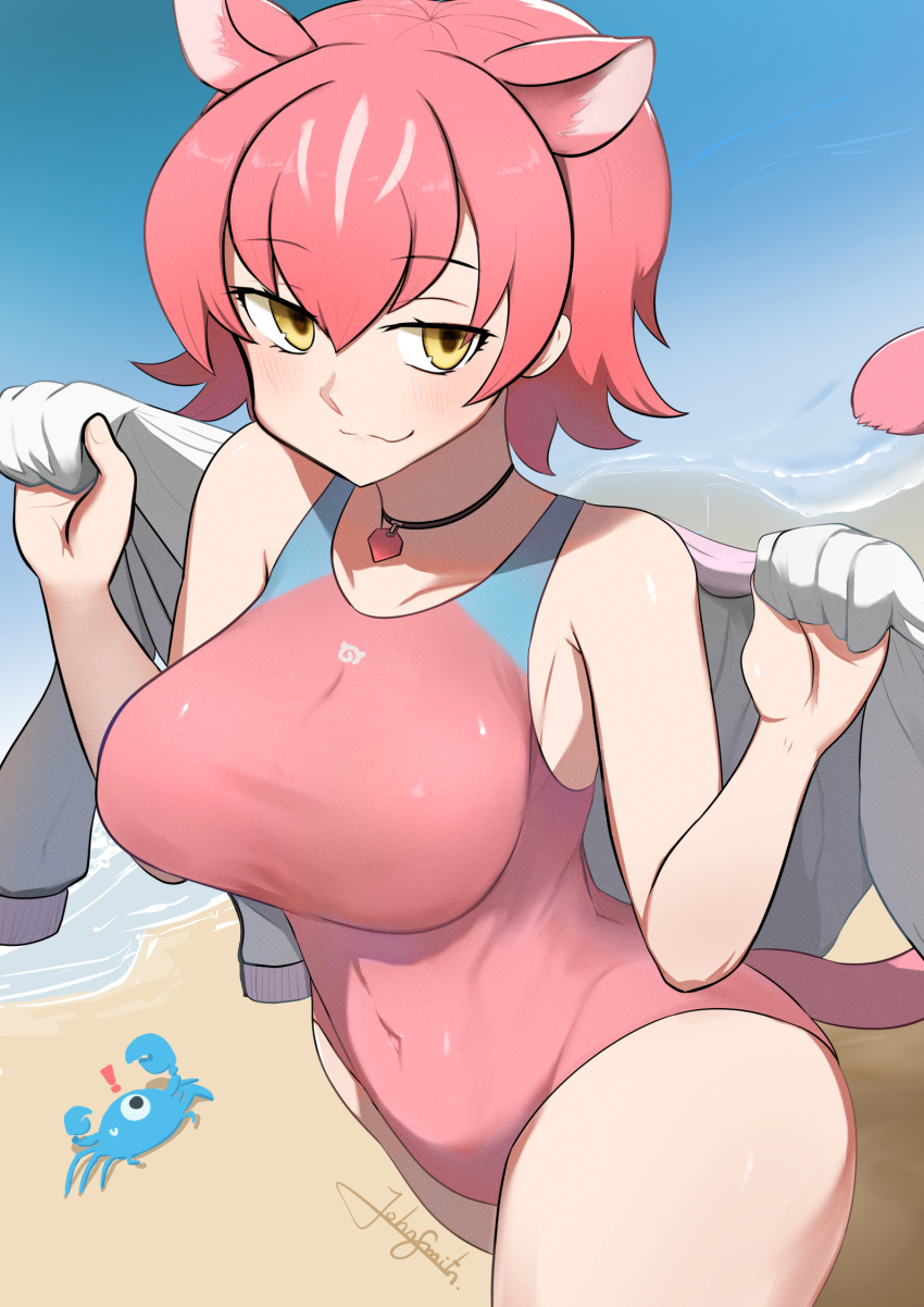 :3 animal_ears beach blush breasts cellien_(kemono_friends) covered_navel extra_ears female highres holding holding_clothes holding_jacket jacket john_(a2556349) kemono_friends kemono_friends_3 large_breasts looking_at_viewer ocean panther_ears panther_girl panther_tail peach_panther_(kemono_friends) pink_hair short_hair smile solo swimsuit tail yellow_eyes