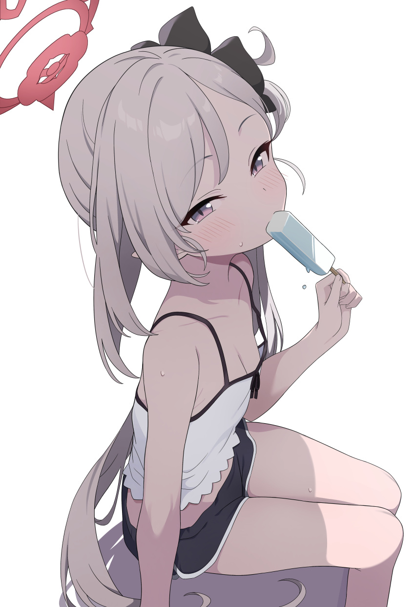 absurdres bare_shoulders black_flower blue_archive blush breasts camisole cleavage female flower food grey_hair hair_flower hair_ornament halo highres hiroikara_(smhong04) holding holding_food holding_popsicle long_hair looking_at_viewer mutsuki_(blue_archive) pink_eyes pointy_ears ponytail popsicle short_shorts shorts side_ponytail simple_background sitting small_breasts solo sweat very_long_hair white_background white_camisole