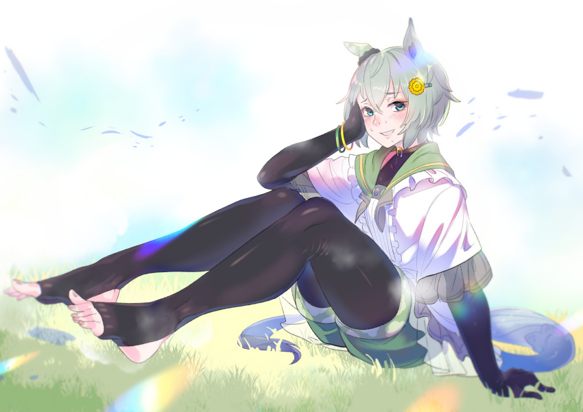 animal_ears black_bodysuit black_gloves blue_eyes blush bodysuit bracelet commentary_request doushi_tatsu_to_dekkai_no elbow_gloves feet female gloves grass green_shorts grey_hair grin highres horse_ears horse_girl horse_tail jewelry lens_flare on_grass seiun_sky_(umamusume) shirt short_hair shorts sitting smile solo stirrup_legwear sweat tail toeless_legwear toes umamusume white_shirt