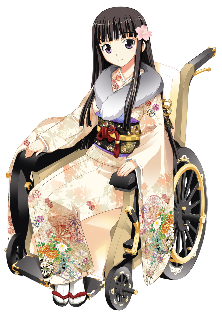 black_hair expressionless female floral_print flower furisode hair_flower hair_ornament highres japanese_clothes kimono long_hair photoshop_(medium) purple_eyes sandals sengoku_hime_2 simple_background sitting solo tabi tachibana_dousetsu wheelchair white_background wide_sleeves yan-yam