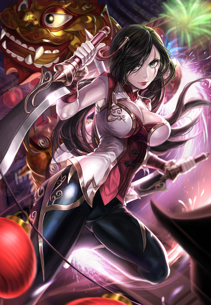 alternate_costume alternate_hair_color black_hair box_(hotpppink) breasts chinese_new_year cleavage_cutout clothing_cutout commentary_request dual_wielding female fireworks green_eyes hair_over_one_eye highres holding katarina_(league_of_legends) lantern large_breasts league_of_legends lion_dance lipstick long_hair looking_at_viewer makeup paper_lantern scar scar_across_eye scar_on_face solo sword warring_kingdoms_katarina weapon