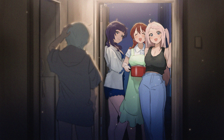 4girls ahoge apron asaka_karin black_tank_top blue_dress blue_eyes blue_hair blue_pants blunt_bangs blurry blurry_foreground braid breasts brown_hair cleavage collarbone collared_shirt commentary_request dark_blue_hair dress emma_verde feet_out_of_frame film_grain green_apron grey_hair grey_hoodie hand_on_own_head highres holding_cooking_pot hood hoodie indoors jacket large_breasts long_hair long_hoodie love_live! love_live!_nijigasaki_high_school_idol_club low_twin_braids medium_breasts medium_hair mia_taylor mole mole_under_eye moshi_(0364p) multiple_girls open_clothes open_jacket pants pink_hair shirt short_dress sidelocks tank_top twin_braids two_side_up white_jacket white_shirt zhong_lanzhu