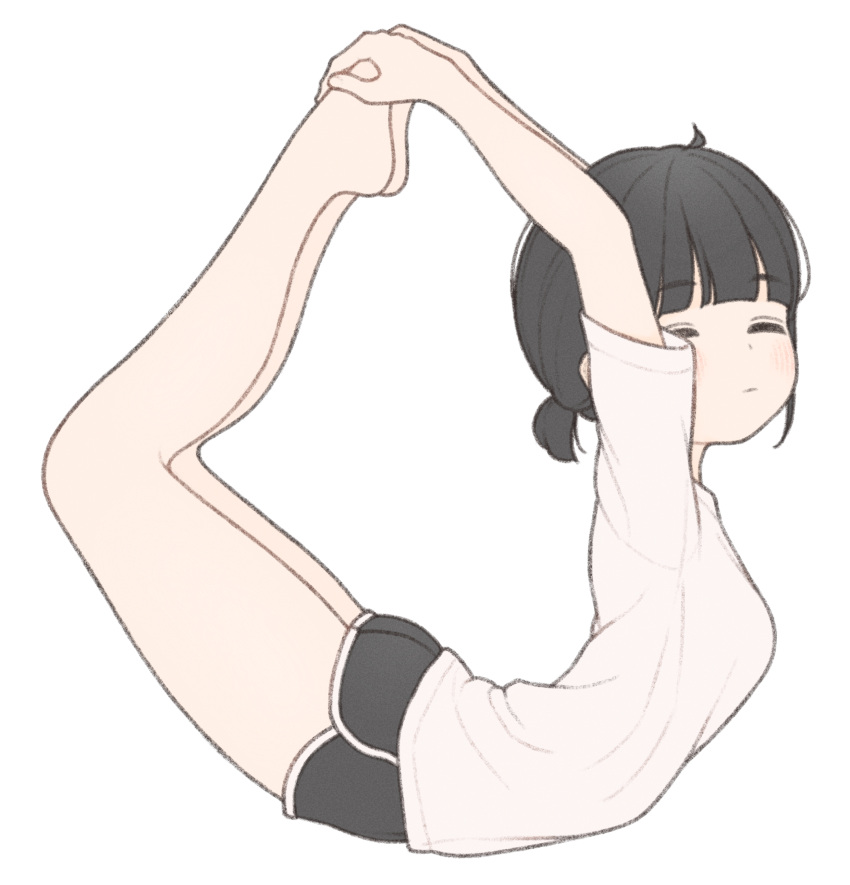 1ssakawaguchi absurdres arched_back arms_up barefoot black_hair black_shorts breasts closed_eyes closed_mouth dolphin_shorts female flexible from_side highres holding_own_foot ichika_(1ssakawaguchi) light_blush lying medium_breasts on_stomach original shirt short_ponytail short_shorts short_sleeves shorts simple_background solo thighs white_background white_shirt