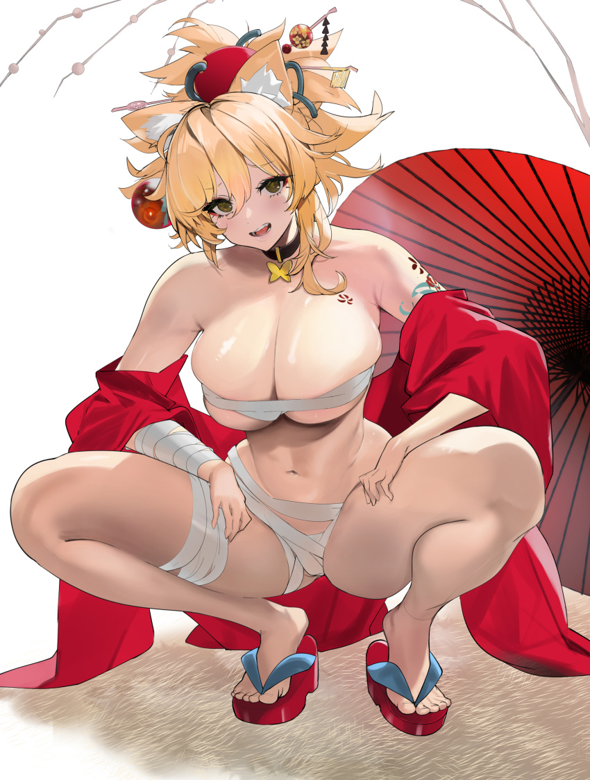 absurdres animal_ears arm_tattoo bandaged_arm bandaged_leg bandages bare_shoulders blonde_hair blush breasts brown_eyes cat_ears chest_tattoo choker cleavage collarbone female flower_tattoo genshin_impact hair_ornament hareno_chiame highres japanese_clothes kimono large_breasts long_hair long_sleeves looking_at_viewer navel oil-paper_umbrella ponytail red_kimono sarashi squatting tattoo umbrella wide_sleeves yoimiya_(genshin_impact)