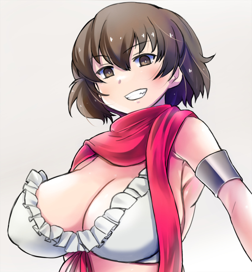 bikini blush breasts brown_eyes brown_hair caesar_(girls_und_panzer) cleavage female frilled_bikini frills girls_und_panzer grin highres large_breasts looking_at_viewer nabeyu red_scarf scarf short_hair simple_background smile solo swimsuit upper_body white_background white_bikini