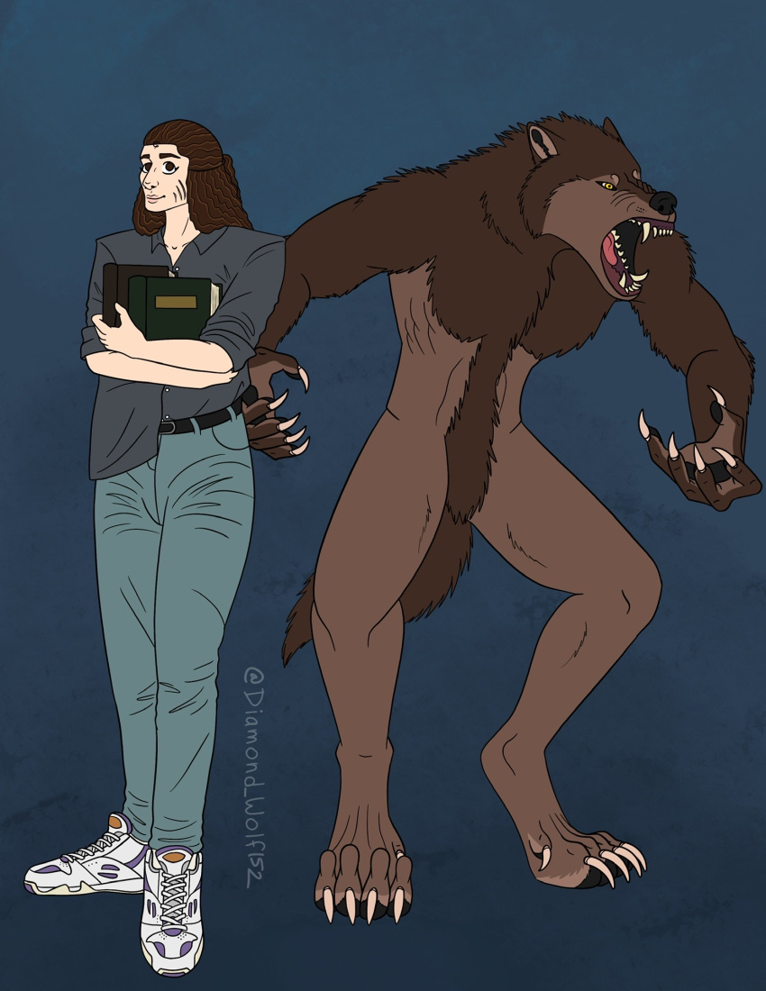 anthro before_and_after body_hair brown_body brown_fur brown_hair canid canine claws clothed clothing diamondwolf152 featureless_crotch female fur hair happy_trail hi_res holding_object human mammal mythological_canine mythological_creature mythology naturally_censored naturally_censored_breasts open_mouth pawpads randi_wallace scar sharp_teeth she-wolf_of_london_(series) signature simple_background solo teeth transformation were werecanid werecanine werewolf yellow_eyes