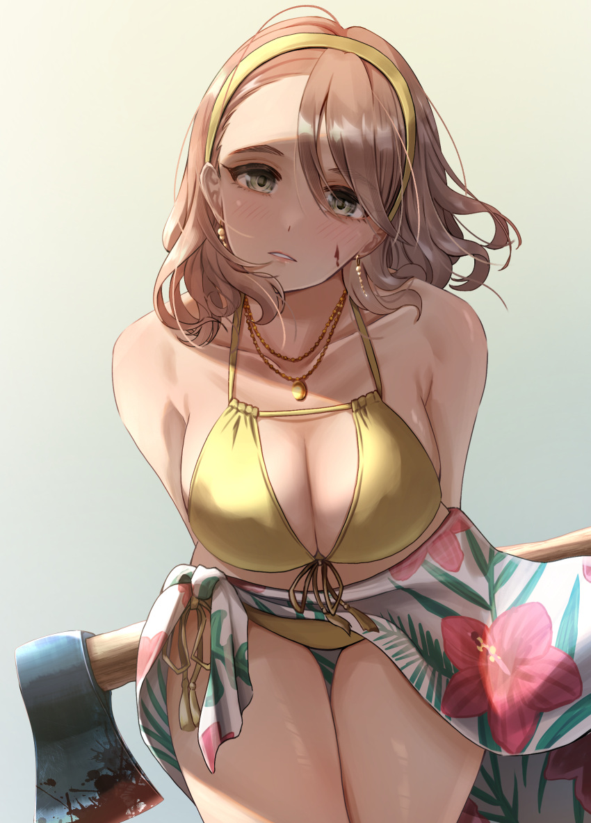 arms_behind_back axe bikini blood blood_on_face blood_on_weapon breasts brown_hair cleavage collarbone daiko_(dai1974910) female floral_print hairband highres idolmaster idolmaster_cinderella_girls jewelry large_breasts looking_at_viewer medium_hair necklace print_sarong sarong shaded_face solo swimsuit weapon yanagi_kiyora yellow_bikini yellow_hairband