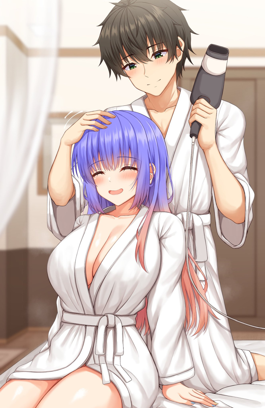 1boy :d ^_^ after_bathing arms_at_sides bath_yukata black_hair blue_hair blurry blurry_background blush breasts cleavage closed_eyes closed_mouth collarbone commentary couple cowboy_shot facing_viewer feet_out_of_frame female gradient_hair green_eyes hair_dryer hands_up happy headpat highres holding holding_hair_dryer indoors japanese_clothes kimono kneeling kohibari_kurumi large_breasts long_hair long_sleeves looking_at_another looking_down motion_lines multicolored_hair open_mouth pink_hair relaxing ryakusun shiny_skin short_hair simple_background sitting smile spiked_hair split_mouth straight straight_hair tanikaze_riku tenshi_souzou_re-boot! tsurime white_kimono wide_sleeves yukata