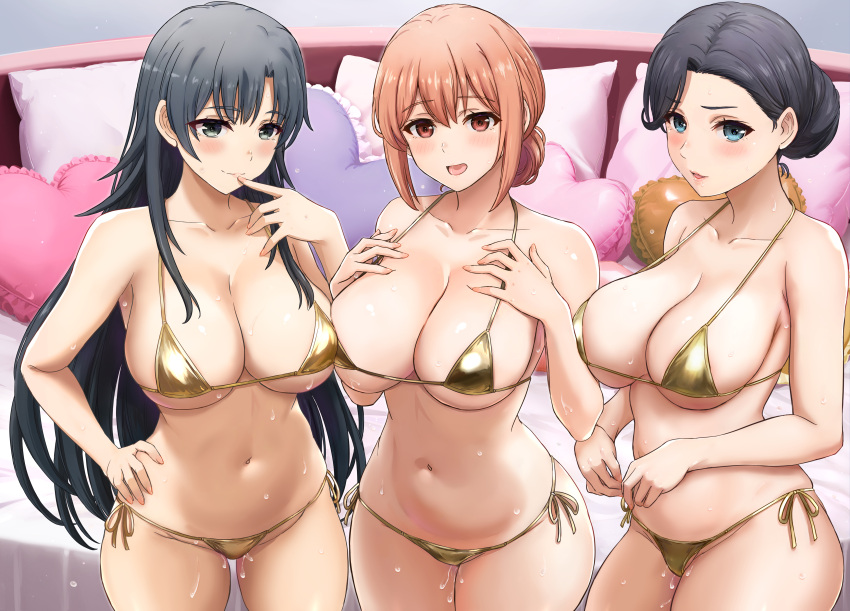 3girls absurdres alternate_costume bed bikini black_eyes black_hair blue_eyes blush breasts cleavage closed_mouth collarbone commentary_request cowboy_shot finger_to_mouth gold_bikini groin hair_bun halterneck hand_on_own_hip hands_on_own_chest heart heart-shaped_pillow highres hiratsuka_shizuka huge_breasts inanaki_shiki large_breasts lips long_hair looking_at_viewer matching_outfits mature_female micro_bikini multiple_girls navel open_mouth orange_eyes orange_hair parted_lips pillow pink_pillow shiny_swimsuit short_hair side-tie_bikini_bottom sideboob simple_background smile standing stomach string_bikini swimsuit textless_version three_quarter_view very_long_hair wet white_background yahari_ore_no_seishun_lovecome_wa_machigatteiru. yuigahama_yui's_mother yukinoshita_yukino's_mother