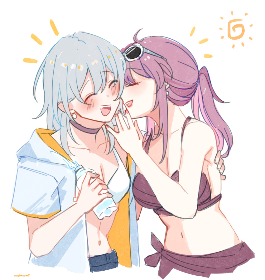 2girls :d ^_^ bikini blush choker closed_eyes grey_hair highres hinagi_(fox_priest) honkai:_star_rail honkai_(series) jacket kafka_(honkai:_star_rail) long_hair multiple_girls navel open_clothes open_jacket open_mouth ponytail purple_bikini purple_hair smile stelle_(honkai:_star_rail) stomach swimsuit trailblazer_(honkai:_star_rail) white_background white_bikini white_jacket