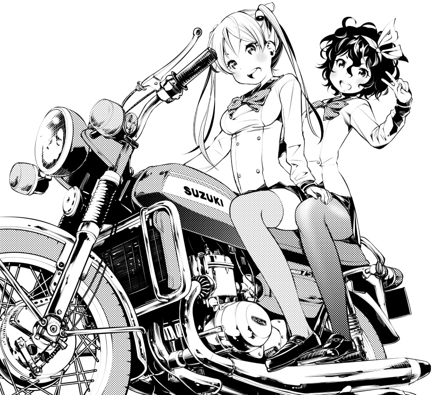 2girls absurdres amano_onsa bakuon!! bell bow bow_hairband bowtie dithering from_below fukushima_masayasu greyscale hair_bell hair_ornament hairband hand_on_another's_knee highres loafers long_hair messy_hair miniskirt monochrome motor_vehicle motorcycle multiple_girls on_vehicle open_mouth pantyhose pleated_skirt shoes short_hair sitting skirt suzuki_(company) suzunoki_rin thighhighs twintails v