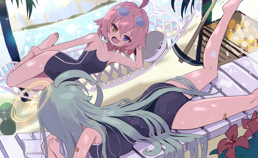 2girls absurdres ahoge aqua_hair bandaid bare_arms bare_legs bare_shoulders barefoot beach blue_archive blue_eyes commentary_request dutch_angle halo hammock heterochromia highres hoshino_(blue_archive) hoshino_(first_year)_(blue_archive) long_hair lying multiple_girls on_side on_stomach pink_hair pink_halo school_swimsuit short_hair swimsuit thomason366 wet yellow_eyes yellow_halo yume_(blue_archive)