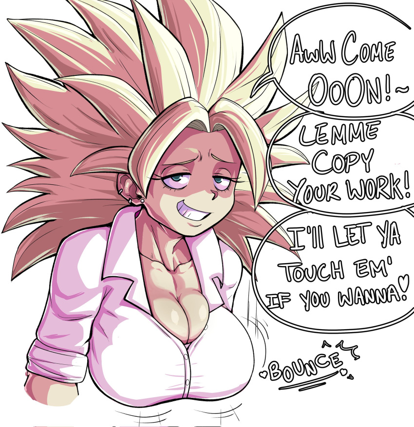 1girls alien_human alien_look_like_human big_breasts blonde_hair breasts caulifla cleavage clothing dragon_ball dragon_ball_super earrings extraterrestrial extraterrestrial_human female female_only fully_clothed green_eyes half-closed_eyes jewelry jiggling_breasts looking_at_viewer muscular_female pseudocel saiyan shounen_jump smile solo spiky_hair super_saiyan young_woman