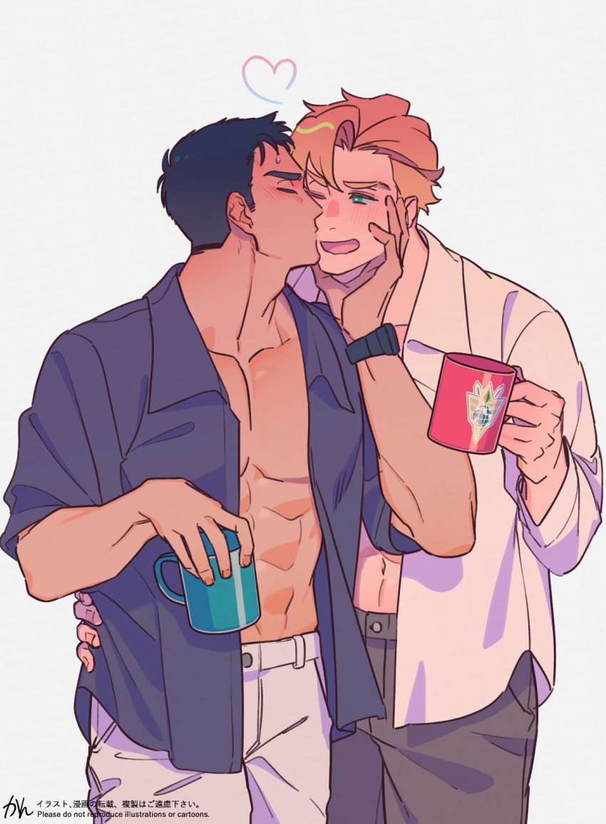 2boys ao_isami bara black_hair blonde_hair blush closed_eyes couple cowboy_shot cup facial_hair grabbing_another's_chin hand_on_another's_chin heart highres kan_(pyy_c12) kissing kissing_cheek lewis_smith male_focus mug multiple_boys muscular muscular_male official_alternate_costume one_eye_closed pectoral_cleavage pectorals sideburns_stubble stubble thick_eyebrows yaoi yuuki_bakuhatsu_bang_bravern