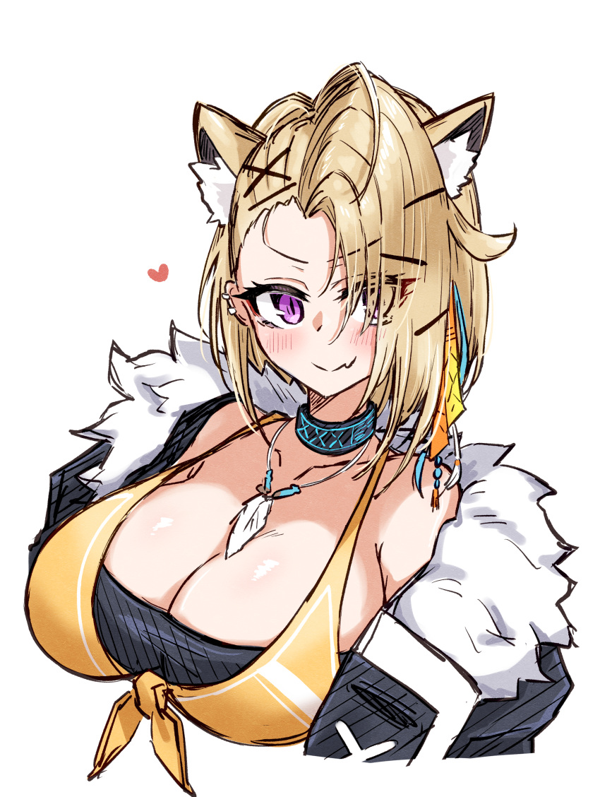 absurdres alternate_costume alternate_hairstyle animal_ears arknights blonde_hair breasts female fur-trimmed_jacket fur_trim hair_over_one_eye highres jacket large_breasts looking_at_viewer maiq06 purple_eyes simple_background smile solo utage_(arknights) white_background