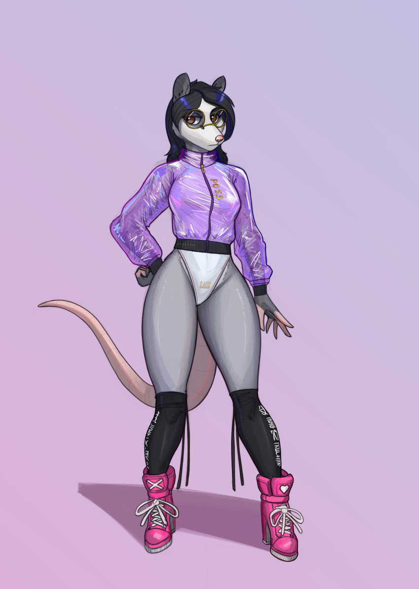 american_opossum anthro black_hair breasts brie_(devildjmachine) brown_eyes clothing eyewear female footwear fur glasses gloves_(marking) grey_body grey_fur hair hi_res high_heeled_sneakers high_heels knee_highs knee_socks legwear mammal markings marsupial mortarionlordofdeath posing_for_picture round_glasses shoes slim small_breasts sneakers socks solo swimsuit_under_clothing text text_on_clothing text_on_footwear text_on_socks translucent translucent_clothing