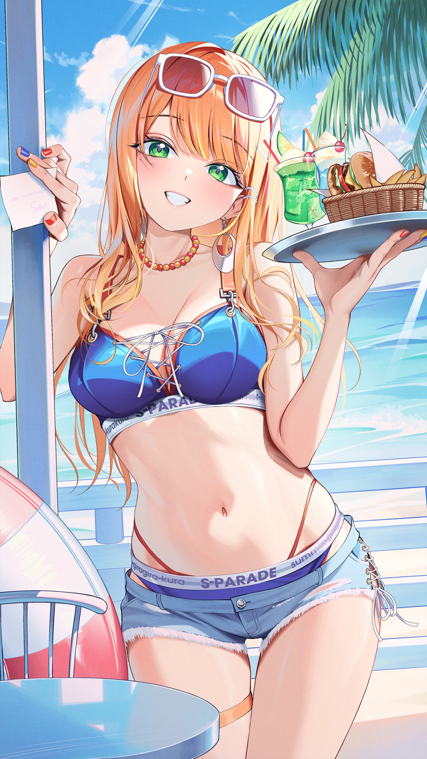 bead_necklace beads bikini bikini_under_shorts blue_bikini blush breasts cleavage cross-laced_bikini cross-laced_clothes cutoffs denim denim_shorts drink eyewear_on_head female fingerless_gloves gakuen_idolmaster gloves green_eyes grin highres holding holding_tray idolmaster jewelry kainown kimi_to_semi_blue_(idolmaster) lifebuoy long_hair looking_at_viewer medium_breasts mole mole_under_eye multicolored_nails nail_polish necklace orange_hair palm_leaf shiun_sumika short_shorts shorts smile solo swim_ring swimsuit tinted_eyewear tray very_long_hair