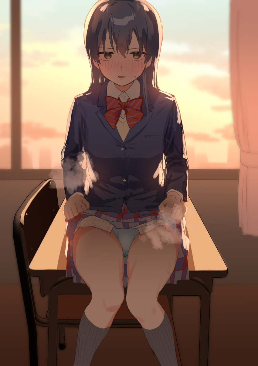 absurdres blazer blue_hair blush bow bowtie chair classroom clothes_lift curtains desk dusk female hair_between_eyes highres jacket long_hair looking_at_viewer love_live! love_live!_school_idol_project open_mouth otonokizaka_school_uniform panties plaid_clothes plaid_skirt pleated_skirt school_chair school_uniform sitting skirt skirt_lift socks solo sonoda_umi steam striped_bow striped_bowtie striped_clothes sweatdrop taberu_343 underwear winter_uniform yellow_eyes