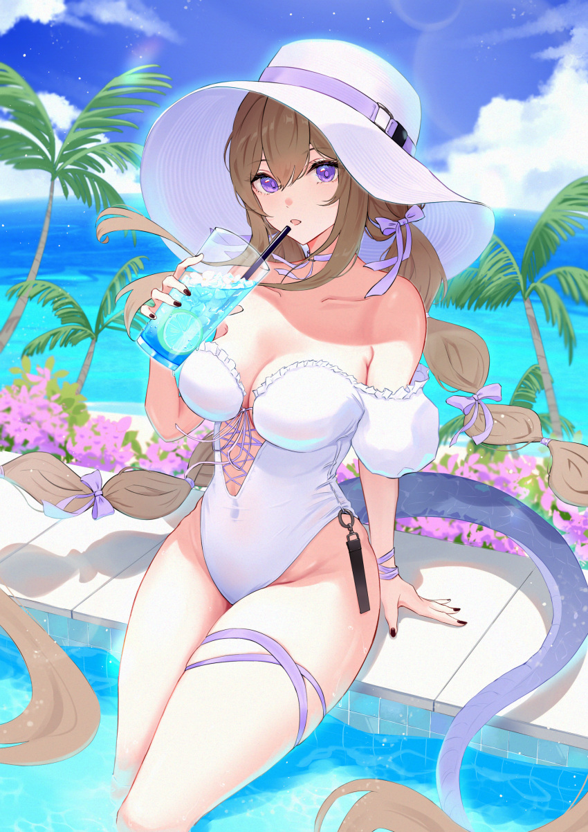 absurdres alternate_costume aoi_tooru arknights black_nails blue_sky blush breasts brown_hair cleavage cloud cloudy_sky collarbone commentary_request cross-laced_clothes cross-laced_one-piece_swimsuit cup day detached_sleeves drinking_glass drinking_straw female fingernails hair_between_eyes hat highleg highleg_one-piece_swimsuit highres holding holding_cup horizon indigo_(arknights) large_breasts long_hair looking_at_viewer low_twintails nail_polish ocean one-piece_swimsuit open_mouth palm_tree poolside puffy_sleeves purple_eyes sitting sky solo sun_hat swimsuit tail tree twintails very_long_hair white_hat white_one-piece_swimsuit