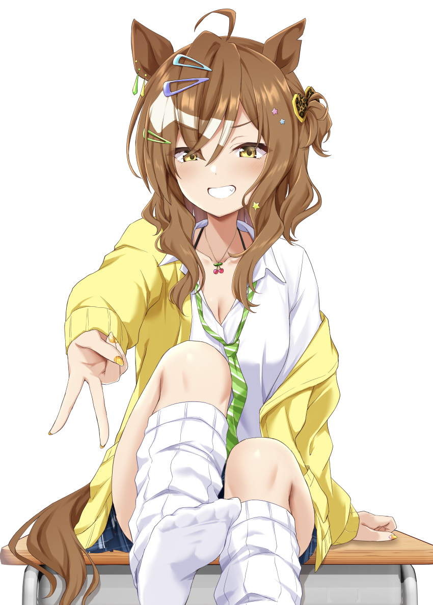 absurdres ahoge animal_ears breasts brown_hair cleavage clenched_teeth commentary_request female fingernails green_necktie hair_ornament hairclip highres horse_ears horse_girl horse_tail jacket jewelry jungle_pocket_(umamusume) looking_at_viewer nail_polish necklace necktie ryochapu shirt simple_background smile socks soles solo striped_necktie tail teeth umamusume v white_background white_shirt white_socks yellow_eyes yellow_jacket yellow_nails