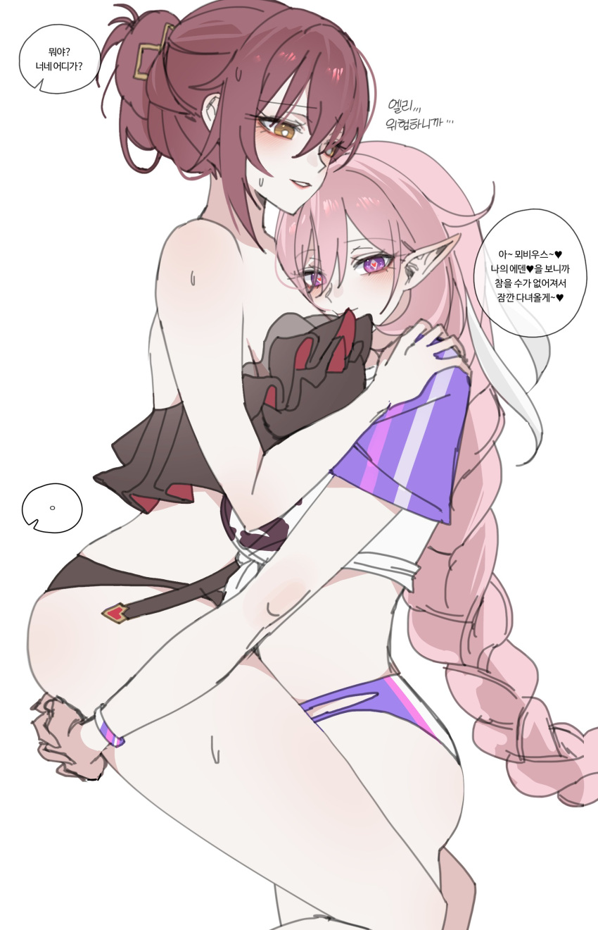 2girls absurdres bare_legs bare_shoulders bikini black_bikini breasts buruma carrying commentary_request couple diamond-shaped_pupils diamond_(shape) eden_(honkai_impact) elf elysia_(herrscher_of_human:_ego)_(honkai_impact) elysia_(honkai_impact) from_side hair_bun highres honkai_(series) honkai_impact_3rd korean_commentary korean_text large_breasts long_braid long_hair multiple_girls official_alternate_costume pink_hair pointy_ears purple_buruma purple_eyes purple_shirt red_hair sc_cex shirt short_hair speech_bubble stomach swimsuit symbol-shaped_pupils thighs translation_request two-tone_shirt very_long_hair white_background white_shirt yellow_eyes yuri