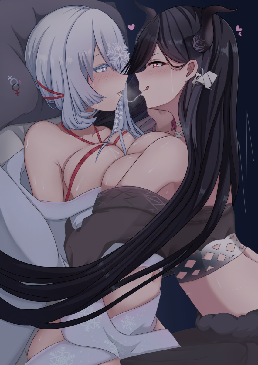 2girls absurdres akutagawa_vtuber_project bare_shoulders black_hair breast_press breasts choker demon_girl demon_horns grey_hair hair_ornament hair_ribbon heart heart-shaped_pupils highres horns interlocked_venus_symbols large_breasts lianying_otai long_hair lying median_furrow multiple_girls navel on_back on_bed origami paper_crane pillow pink_eyes purple_eyes red_ribbon ribbon saliva saliva_trail short_hair snowflake_hair_ornament snowflake_print sweat symbol-shaped_pupils symmetrical_docking tsukumo_mabuchi venus_symbol virtual_youtuber yukinoshita_oriyuki yuri