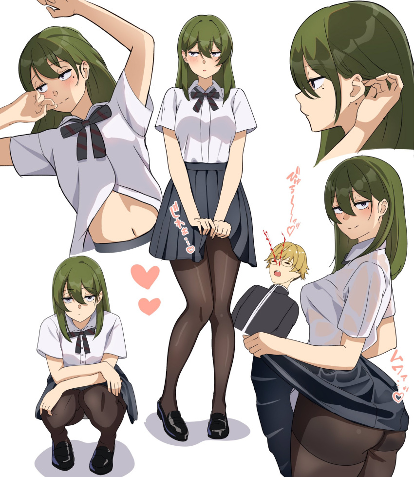 1boy adjusting_hair alternate_hairstyle aroused_nosebleed ass black_footwear black_pantyhose black_skirt blonde_hair blood blush breasts clothes_lift commentary_request contemporary excessive_nosebleed female glasses green_hair hair_between_eyes hair_down highres land_(sousou_no_frieren) lifting_own_clothes loafers long_hair medium_breasts mole mole_on_neck mole_under_eye multiple_views navel nosebleed pantyhose partially_unbuttoned purple_eyes school_uniform shirt shirt_tucked_in shoes short_hair short_sleeves skirt skirt_lift sousou_no_frieren squatting ubel_(sousou_no_frieren) white_background white_shirt yami_anko