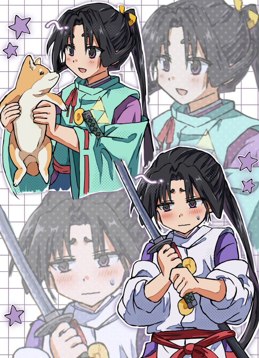 1boy :d animal averting_eyes black_hair blush canine cropped_torso grid_background highres holding holding_animal holding_dog holding_sword holding_weapon houjou_tokiyuki_(nige_jouzu_no_wakagimi) japanese_clothes kariginu katana long_hair long_sleeves male_focus mitsu_uroko motoyui multiple_views nichica_yamada nige_jouzu_no_wakagimi open_mouth parted_bangs ponytail purple_eyes red_sash ribbon-trimmed_sleeves ribbon_trim sash scene_reference shiba_inu sidelocks_tied_back smile star_(symbol) sweatdrop sword very_long_hair wavy_mouth weapon wide_sleeves zoom_layer