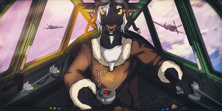 0l-fox-l0 2:1 absurd_res aircraft airplane anthro armor bapho_(0l-fox-l0) baphomet_(deity) black_body black_fur bovid caprine caprine_demon clothing cockpit deity demon facial_piercing fur goat goat_demon hair headgear helmet hi_res jacket male mammal nose_piercing nose_ring piercing pilot ring ring_piercing sky solo sun topwear vehicle white_hair yellow_eyes