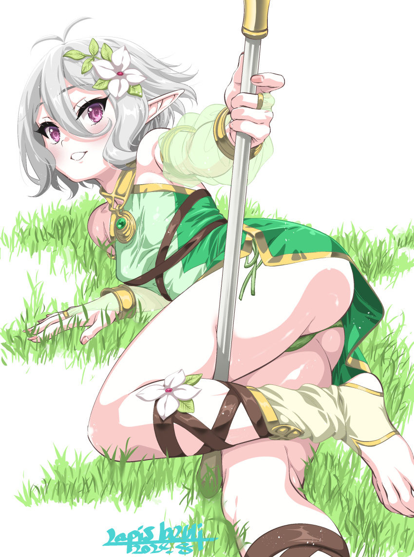 absurdres antenna_hair bare_shoulders blush breasts bridal_gauntlets detached_sleeves dress elf female flower green_dress green_panties green_sleeves grey_hair hair_flower hair_ornament highres holding holding_staff kokkoro_(princess_connect!) looking_at_viewer lying on_grass on_side panties pantyshot pointy_ears princess_connect! purple_eyes see-through see-through_sleeves short_hair simple_background sleeveless sleeveless_dress small_breasts smile solo staff umyonge_(lkakeu) underwear white_background white_flower white_hair