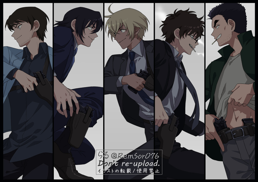 5boys amuro_tooru ankle_holster black_border black_hair black_jacket black_shirt blazer blonde_hair blue_jacket blue_necktie border brown_hair cigarette clothes_lift commentary_request dark-skinned_male dark_skin date_wataru dated_commentary english_text facial_hair floating_clothes floating_hair green_jacket gun hagiwara_kenji handgun holding holding_gun holding_weapon holster jacket looking_ahead male_focus matsuda_jinpei meitantei_conan multiple_boys necktie open_clothes open_jacket police remsor076 scotch_(meitantei_conan) shirt shirt_lift short_hair shoulder_holster signature smile smoking stubble sunglasses twitter_username weapon white_shirt