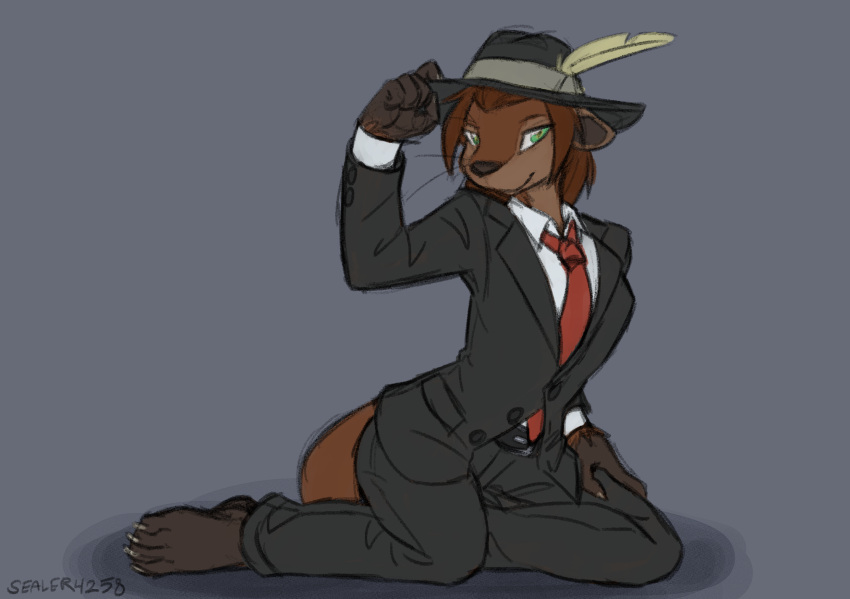 anthro brown_body brown_fur brown_hair business_attire business_suit businesswear clothed clothing digital_media_(artwork) fedora female fur green_eyes hair hat headgear headwear hi_res jenna_(kardokis) looking_at_viewer mammal mustelid necktie otter sealer4258 simple_background solo suit tail