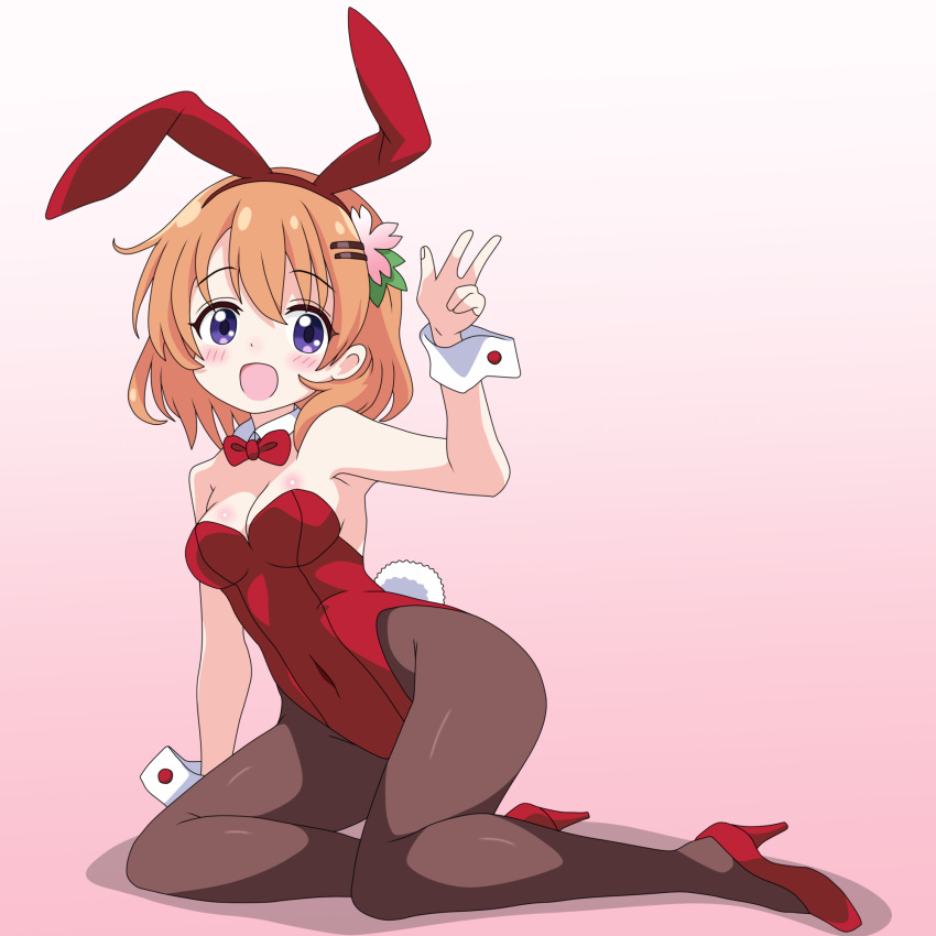 animal_ears black_pantyhose bow bowtie detached_collar fake_animal_ears female full_body gochuumon_wa_usagi_desu_ka? gradient_background high_heels highres hoto_cocoa leotard orange_hair pantyhose pink_background playboy_bunny purple_eyes rabbit_ears rabbit_tail red_bow red_bowtie red_footwear red_leotard sakuzo short_hair smile solo strapless strapless_leotard tail v wrist_cuffs