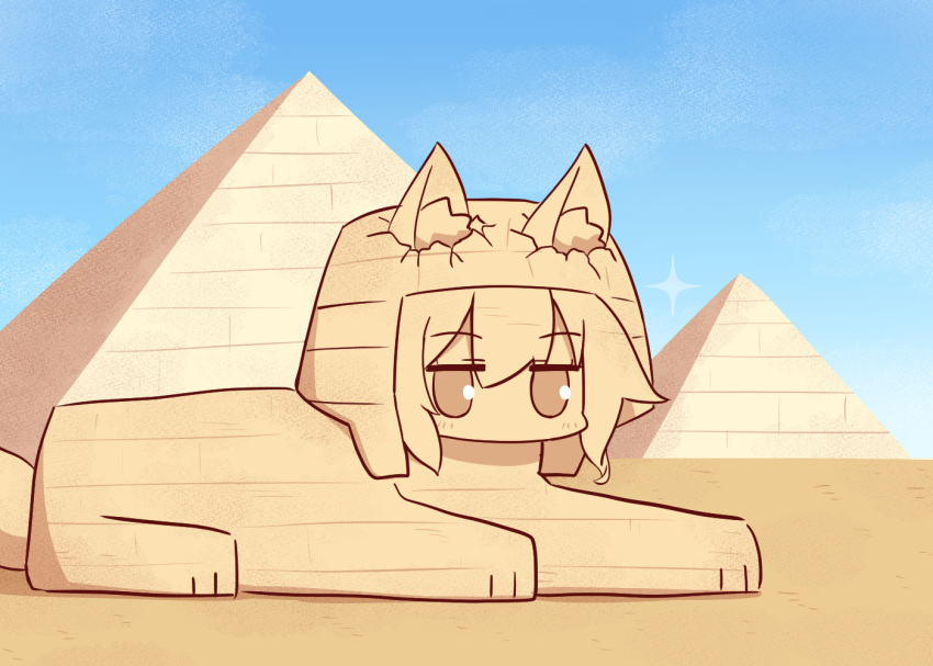 animal_ears blue_sky blush day duplicate ears_through_headwear egypt egyptian female fox_ears fox_girl fox_tail great_pyramid_of_giza hair_between_eyes kemomimi-chan_(naga_u) long_hair looking_at_viewer naga_u nemes objectification original outdoors pixel-perfect_duplicate pyramid_(structure) sand sidelocks sky solo sparkle sphinx sphinx_of_giza tail