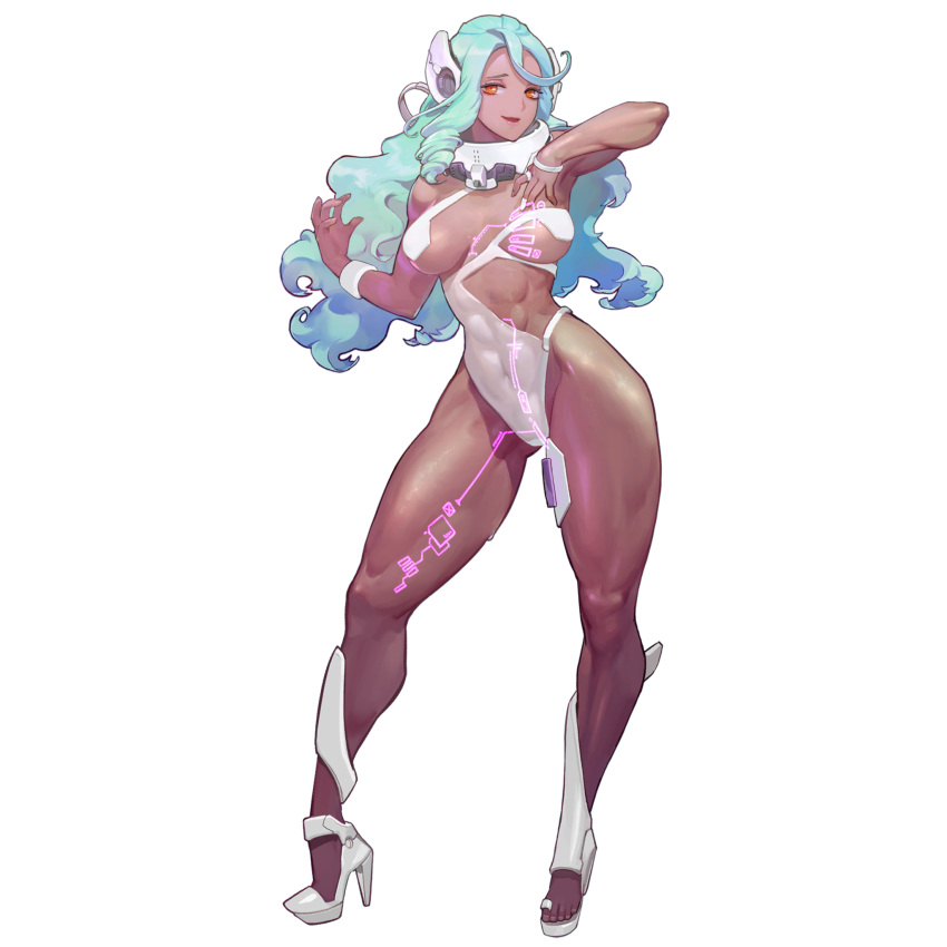 abs blue_hair bodysuit breasts covered_navel dark-skinned_female dark_skin drill_hair female full_body game_cg hair_between_eyes high_heels highres holographic_clothing holographic_interface holographic_touchscreen last_origin light_blue_hair long_hair looking_at_viewer mechanical_parts muscular muscular_female official_art open_mouth orange_eyes rorobomb scathy smile solo tachi-e third-party_source transparent_background wavy_hair