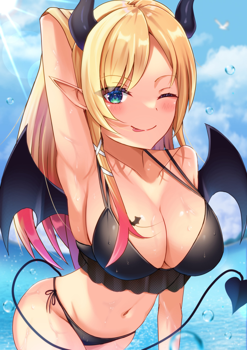 armpits bikini black_bikini black_horns blonde_hair blue_eyes blue_sky breast_tattoo breasts cloud demon_girl demon_horns demon_tail demon_wings female frilled_bikini frills gradient_hair highres hololive horns large_breasts long_hair looking_at_viewer multicolored_hair navel official_alternate_costume one_eye_closed outdoors pink_hair pointy_ears single_sidelock sky solo swept_bangs swimsuit tail tattoo virtual_youtuber wet wings yuzuki_choco yuzuki_choco_(hololive_summer_2019) zacky