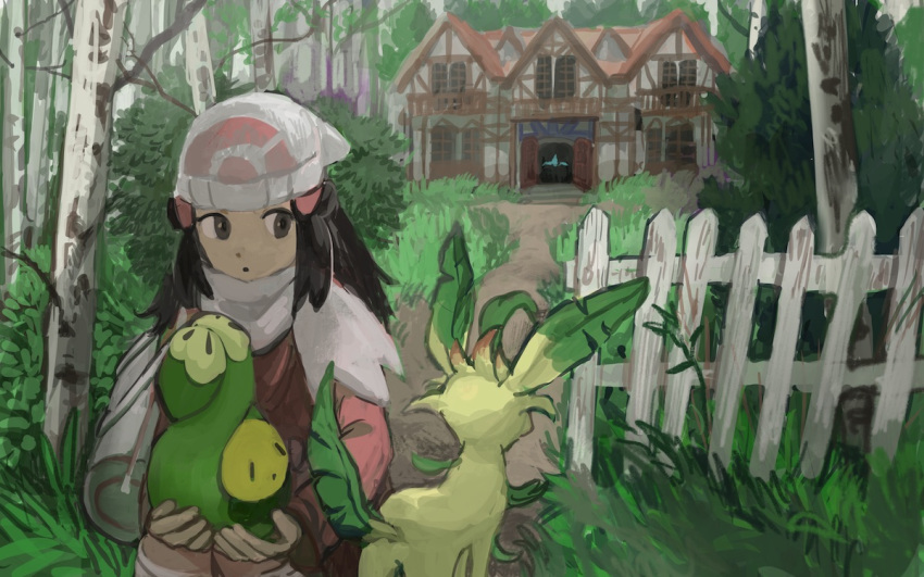 bag beanie black_eyes black_hair budew commentary_request dawn_(pokemon) eterna_forest female fence forest grass hair_ornament hat holding holding_pokemon house leafeon long_hair minahamu nature old_chateau_(pokemon) outdoors pokemon pokemon_(creature) pokemon_dppt pokemon_platinum scarf white_headwear white_scarf