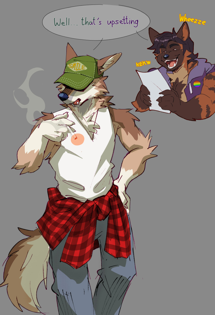 absurd_res anthro baseball_cap bottomwear brown_hyena canid canine canis cape_escape cigarette clothing clothing_writing coyote crimsonrabbit denim denim_bottomwear denim_clothing duo gnollplaying_games hat headgear headwear hi_res hidden_eyes hyena jeans jet_adler_(cape_escape) laugh male mammal marrow_(sebastiansb) pants scene_interpretation scene_parody shirt smoking smoking_cigarette stripes tank_top topwear trucker_hat voice_actor_joke