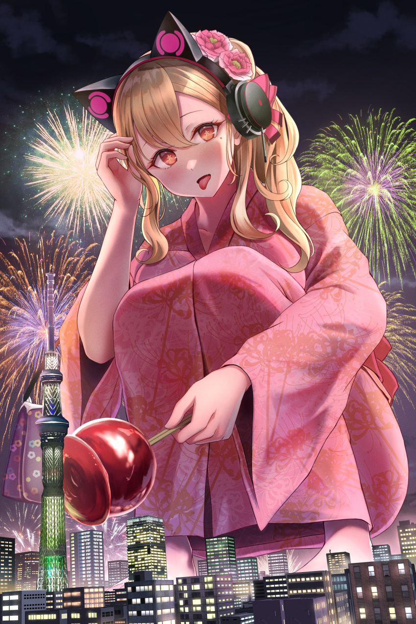 absurdres animal_ear_headphones animal_ears azur_lane blonde_hair building candy_apple cat_ear_headphones city concord_(azur_lane) concord_(red_apple_candy)_(azur_lane) fake_animal_ears female fireworks flower food giant giantess hair_flower hair_ornament headphones highres holding holding_food japanese_clothes kimono long_hair looking_at_viewer night night_sky numaguro_(tomokun0808) official_alternate_costume open_mouth pink_kimono print_kimono red_eyes sky solo squatting star_(symbol) star_in_eye symbol_in_eye tongue tongue_out wide_sleeves