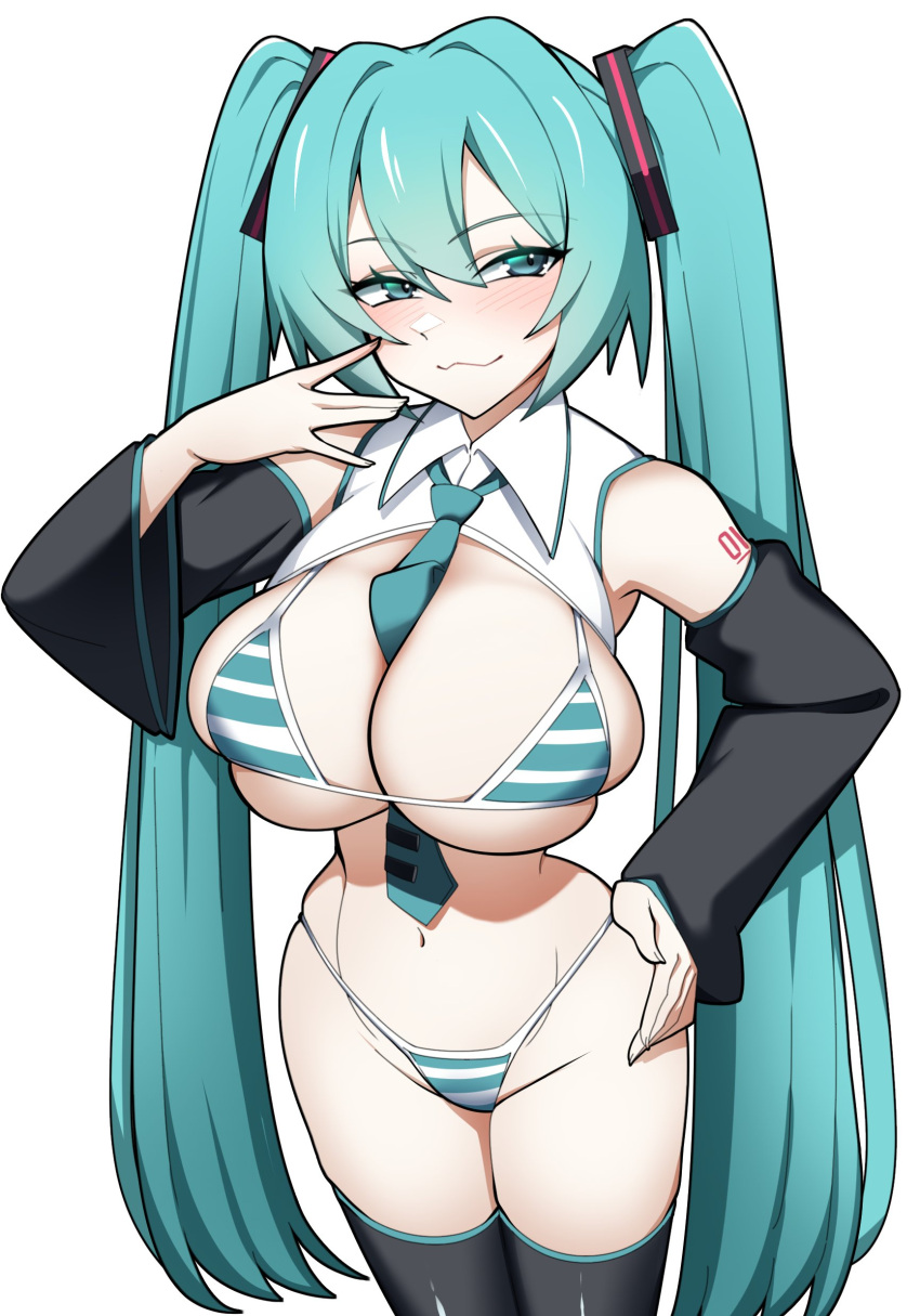 absurdres alternate_breast_size aqua_bikini aqua_eyes aqua_hair aqua_necktie bare_shoulders between_breasts bikini black_sleeves black_thighhighs blush breasts cowboy_shot detached_sleeves female groin hair_between_eyes hair_ornament hand_on_own_hip hatsune_miku highleg highleg_bikini highres kdtwifi large_breasts long_hair looking_at_viewer meme_attire miku_collar_bikini navel necktie necktie_between_breasts number_tattoo parted_lips shoulder_tattoo simple_background skindentation smile solo standing string_bikini striped_bikini striped_clothes swimsuit tattoo thighhighs tie_clip twintails underboob very_long_hair vocaloid white_background