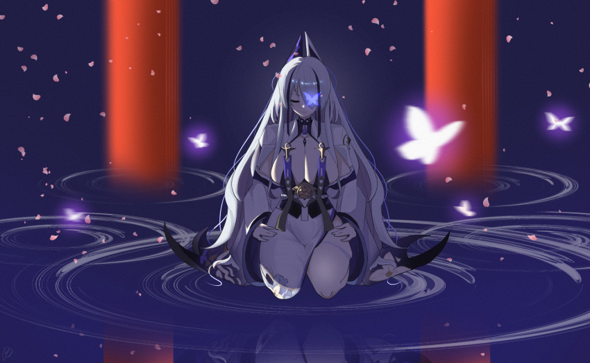 azur_lane bao_mochi blue_butterfly breasts bug butterfly cleavage female glowing_butterfly hair_over_one_eye highres large_breasts long_hair long_sleeves mixed-language_commentary multicolored_hair petals petals_on_liquid purple_hair reflection reflective_water solo streaked_hair two-tone_hair unzen_(azur_lane) very_long_hair white_hair wide_sleeves