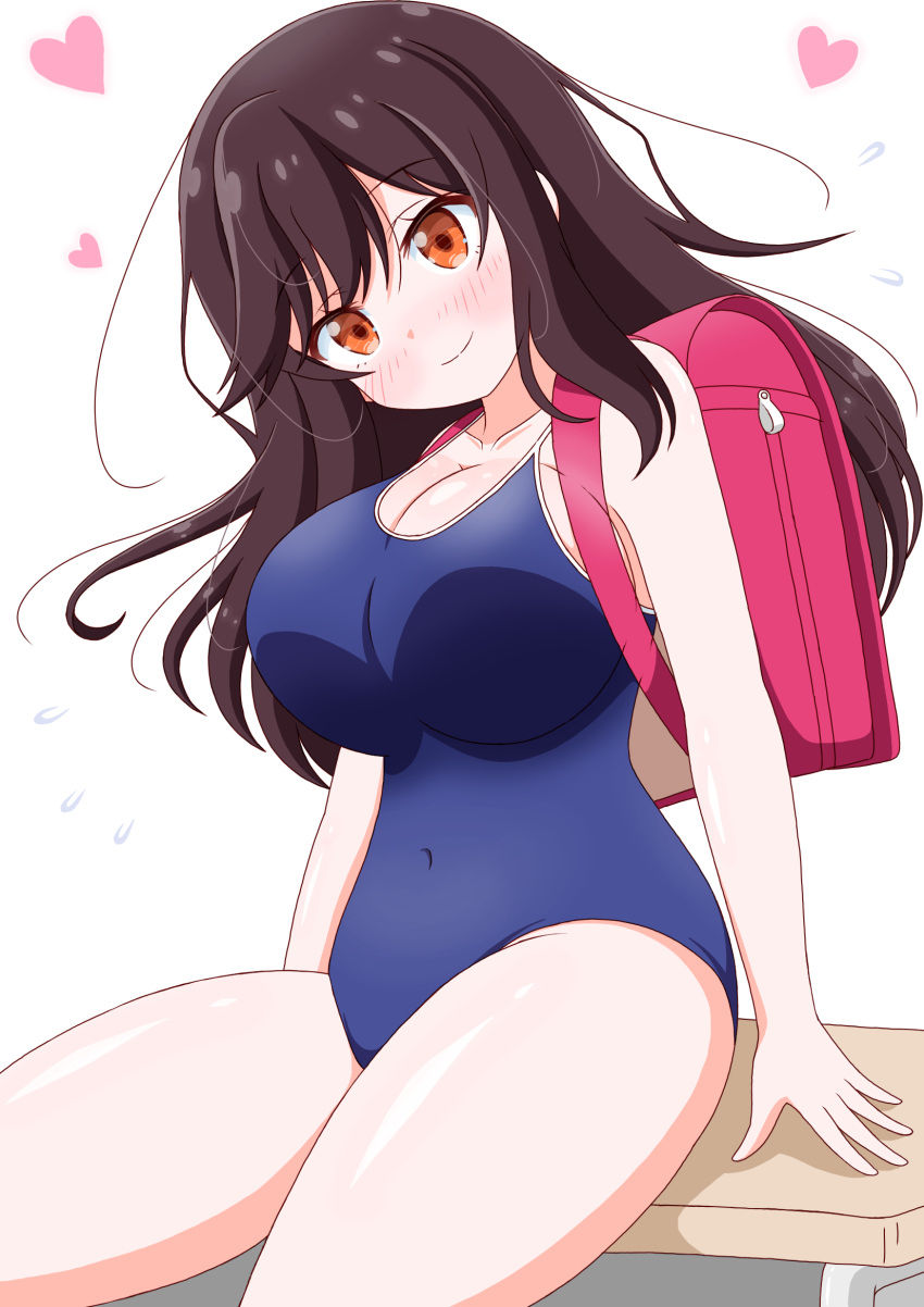 backpack bag black_hair blue_one-piece_swimsuit breasts brown_eyes competition_school_swimsuit covered_navel female heart highres ichijou_hotaru imai_kazunari large_breasts long_hair non_non_biyori one-piece_swimsuit oppai_loli randoseru school_swimsuit simple_background sitting solo swimsuit white_background